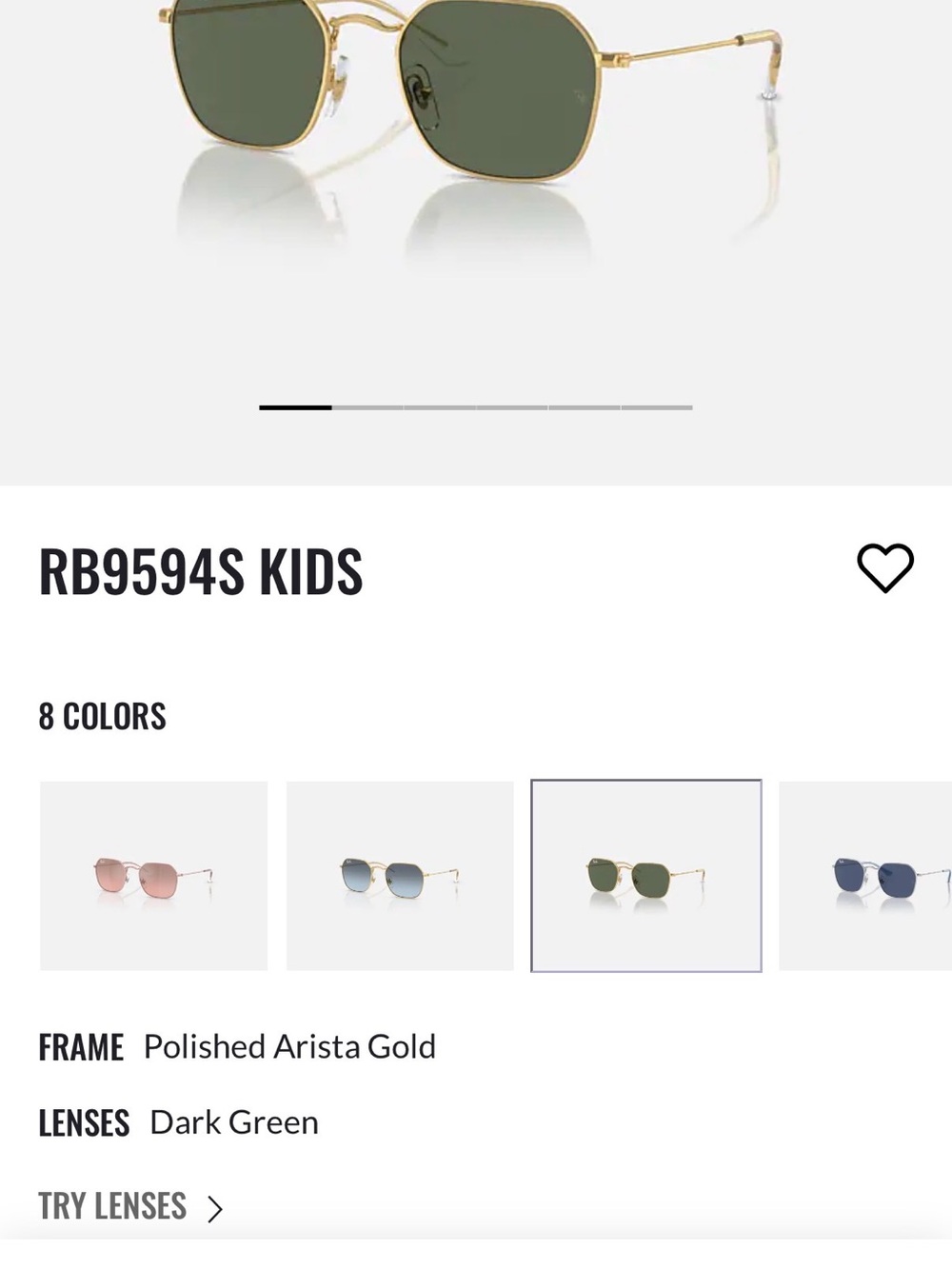 New!!Ray-Ban Kids Polished Arista Gold Frame Sunglasses with Dark Green Lenses